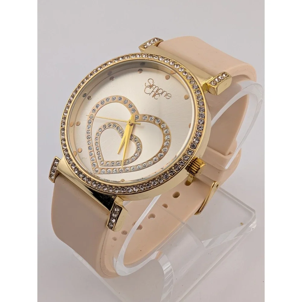 Simone Chic Watch Women 40mm Gold Case Nude Beige Silicone Band- New Battery